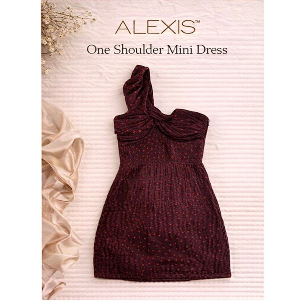 Alexis Mini Dress Small Black Red Heart One Shoulder Ruched Party